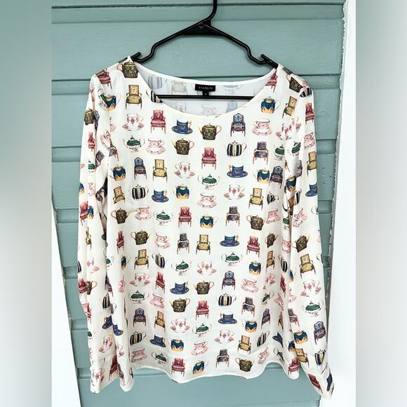 Talbots teacup teapot blouse quirky unique royal tea tea party blouse fun office - Picture 1 of 8